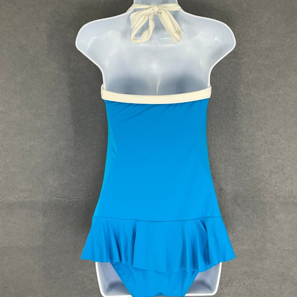 Lauren Ralph‎ Lauren One Piece Swimsuit Blue Ruched Skirt Halter Size 10 - Picture 2 of 11